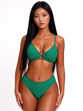 🆕Medium Geo Green Floral Bikini Set O Ring Top  Cheeky Mid Rise Bottom NWOT